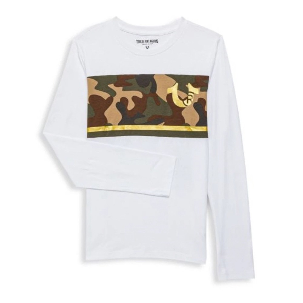 True Religion Boys Size 7 Long Sleeve Tee Camo Gold Logo Shirt Y2K Streetwear